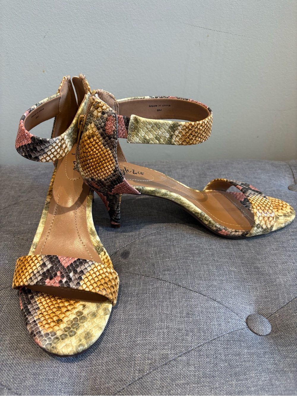 Style & Co. Snake-Print Ankle Strap Heels in Yellow and Pink